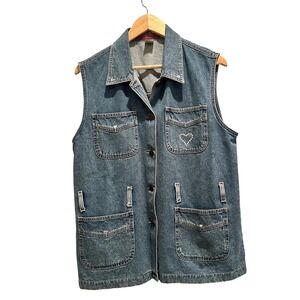 Denim & Co Vintage 90s Western Denim Vest Rhinestone Heart Cowgirl Medium Y2K